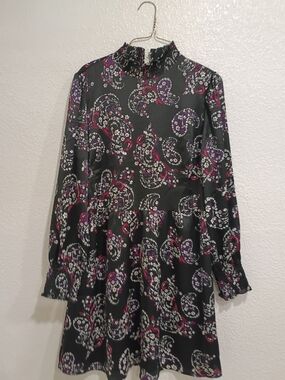 LOFT Black Paisley Dress with Pink & Purple Floral Accents